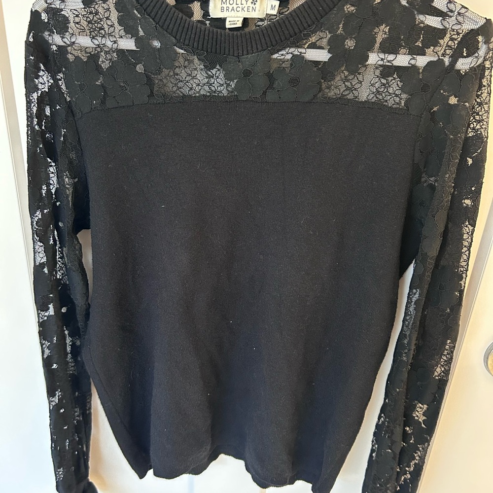 Molly Bracken Black Lace Sweater with ruffled cuff, Medium, 20' pit to pit